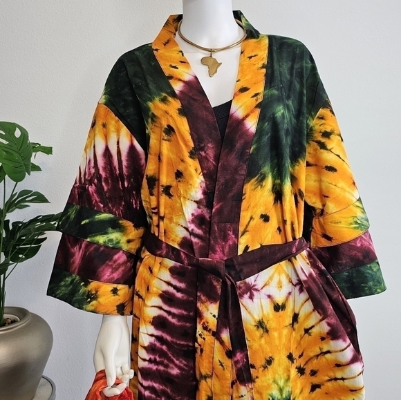 Long African Kimono Headwrap |Full Length African Print Jacket Ankara Robe - NEW - Picture 4 of 5
